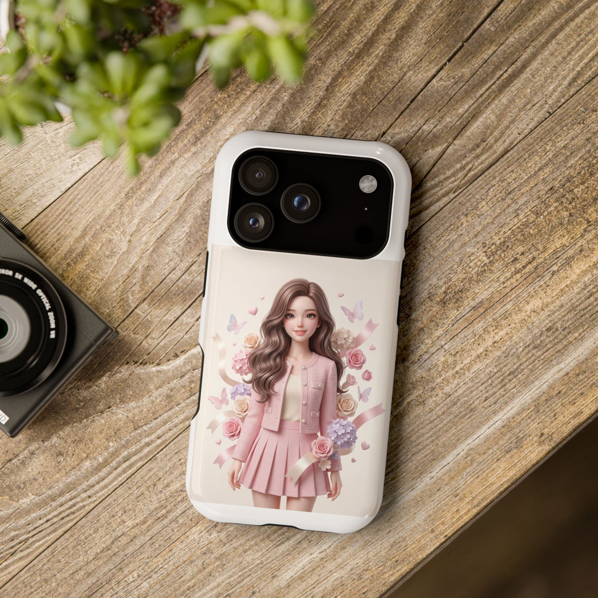 Cute Pink Doll Phone Case — Floral Butterfly Magnetic Impact-Resistant Case