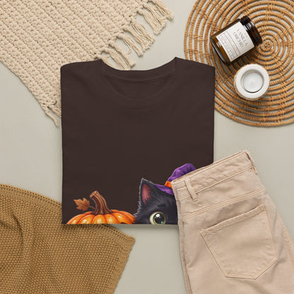 Halloween Black Cat & Pumpkin T‑Shirt — Cute Witch Hat Kitty Fall Tee