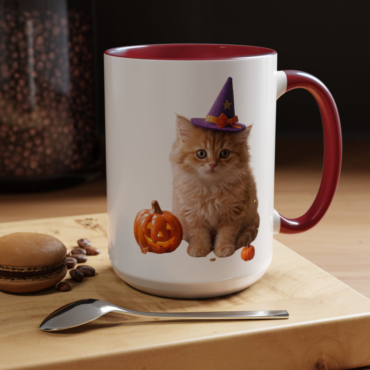 Halloween Cat Coffee Mug with Witch Hat and Pumpkin