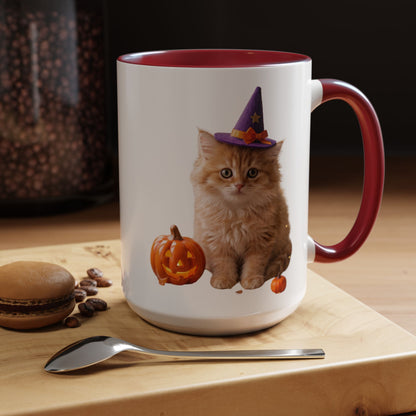 Halloween Cat Coffee Mug with Witch Hat and Pumpkin