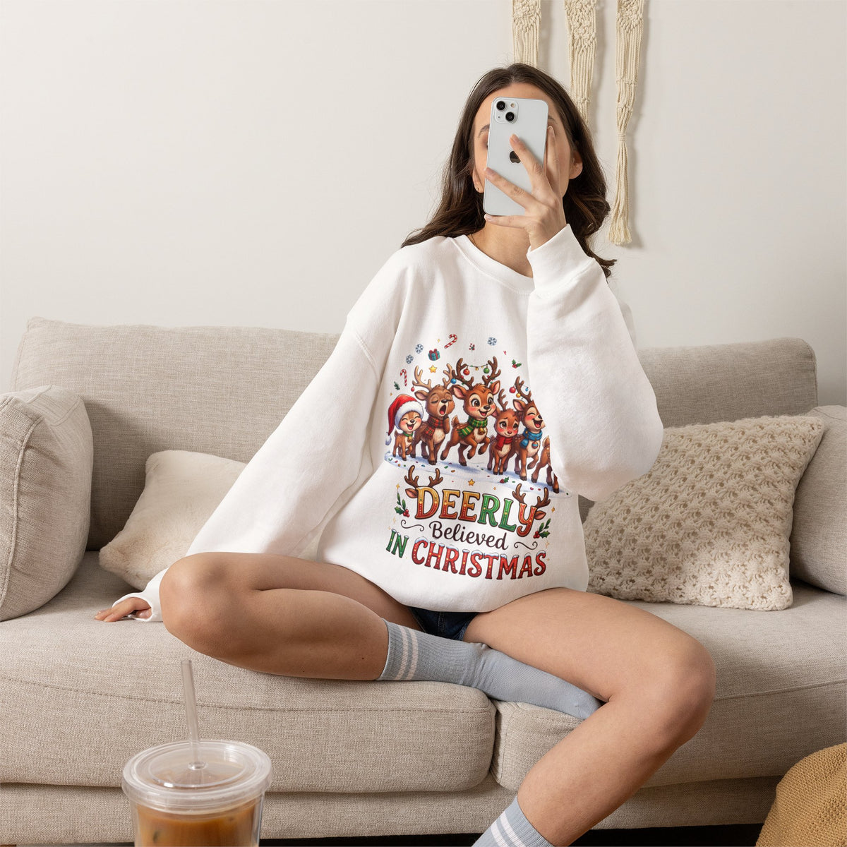 Christmas Reindeer Crewneck Sweatshirt — "Deerly Believed in Christmas" Holiday Pullover