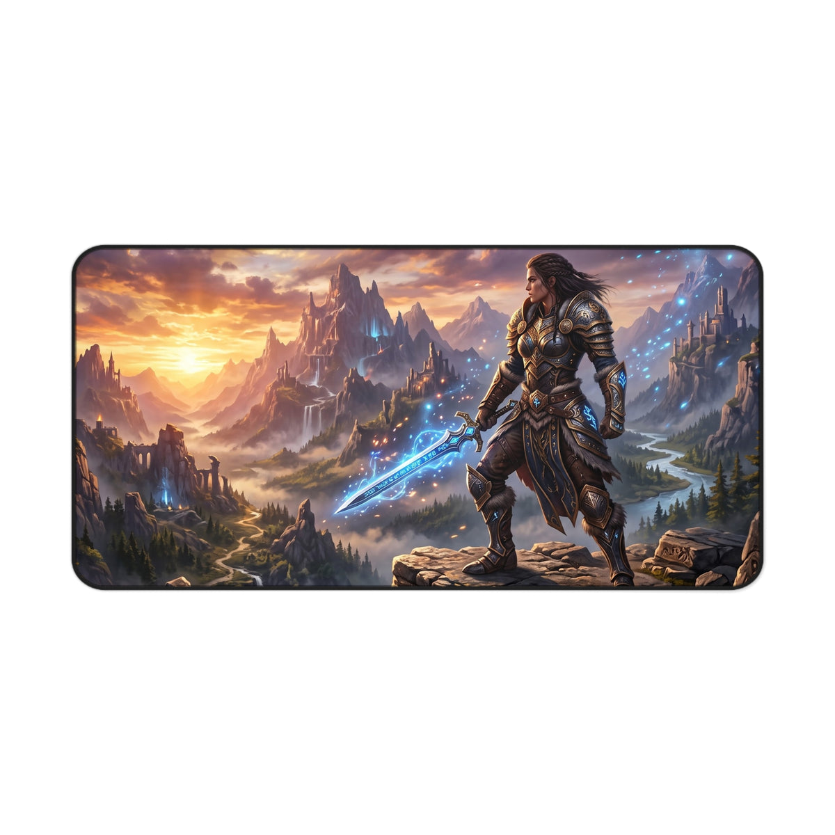 Epic Fantasy Warrior Desk Mat — Scenic Sword & Mountain Gaming Mouse Pad