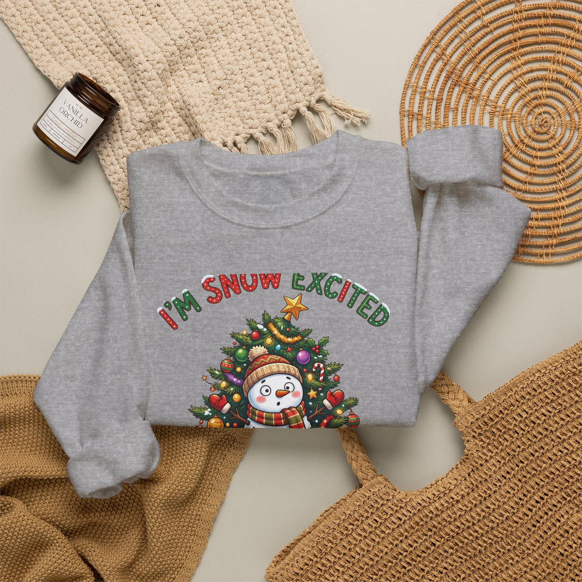 Christmas Sweatshirt – "I’m Snow Excited for Christmas" Cute Snowman Tree Holiday Crewneck