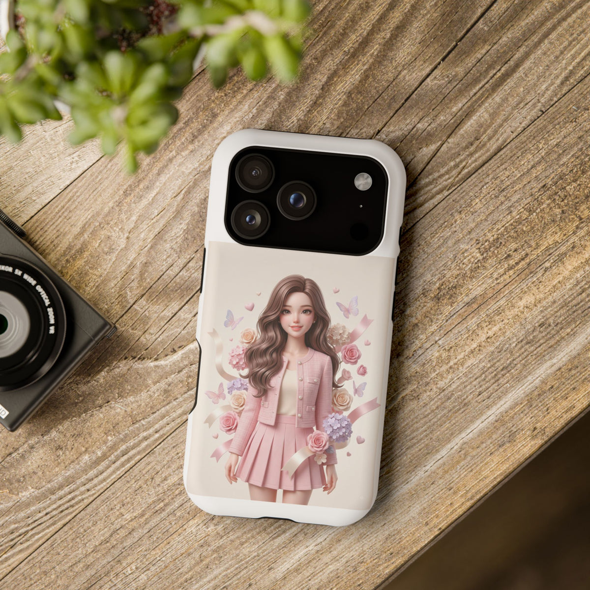 Cute Pink Doll Phone Case — Floral Butterfly Magnetic Impact-Resistant Case