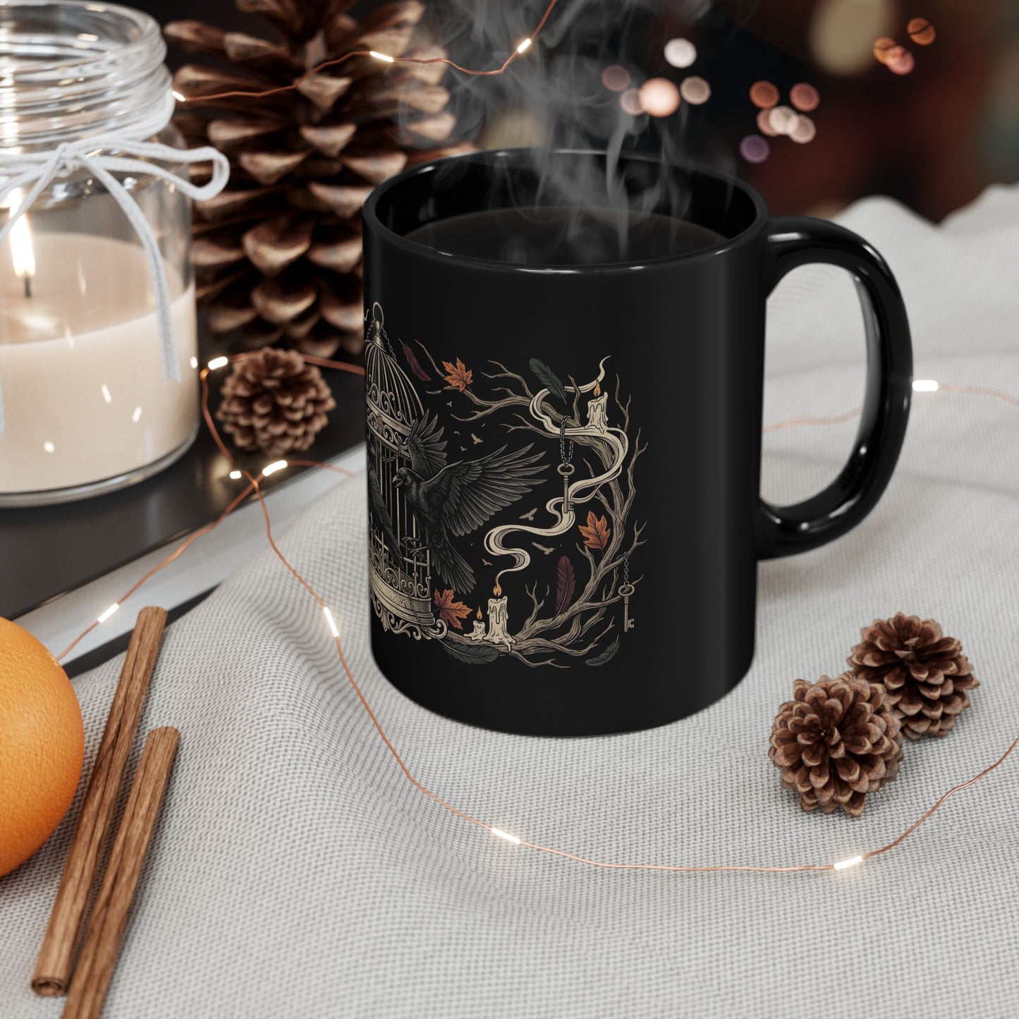 Gothic Raven & Cage Black Coffee Mug — Dark Nature 11oz/15oz