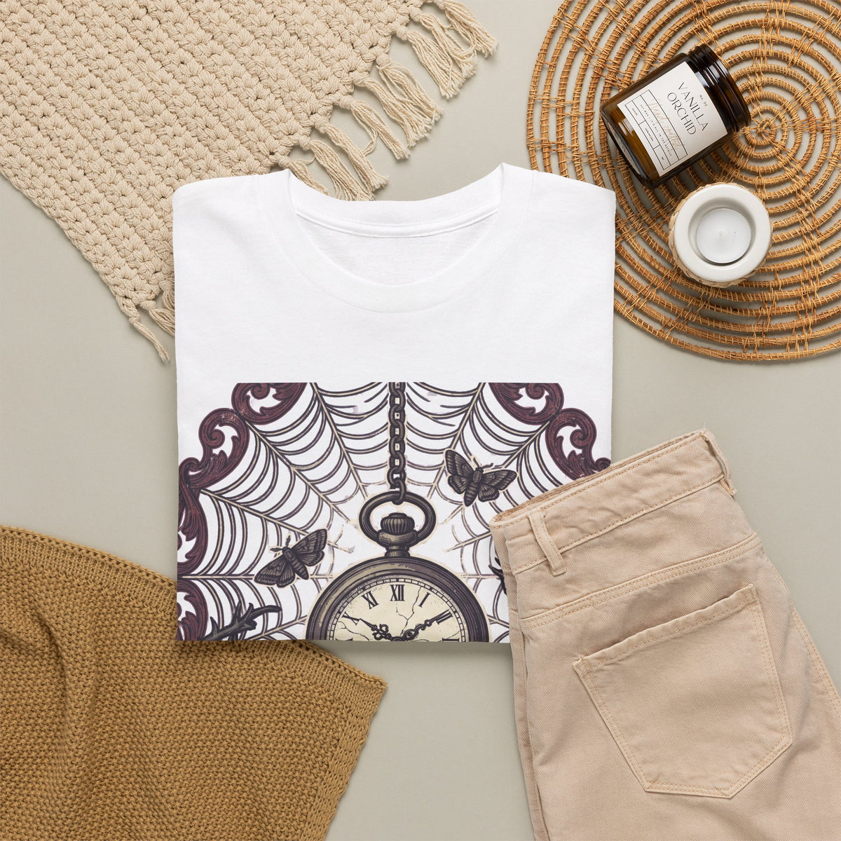 Caught in the Night Pocket Watch Tee — Gothic Spiderweb Vintage Clock T‑Shirt