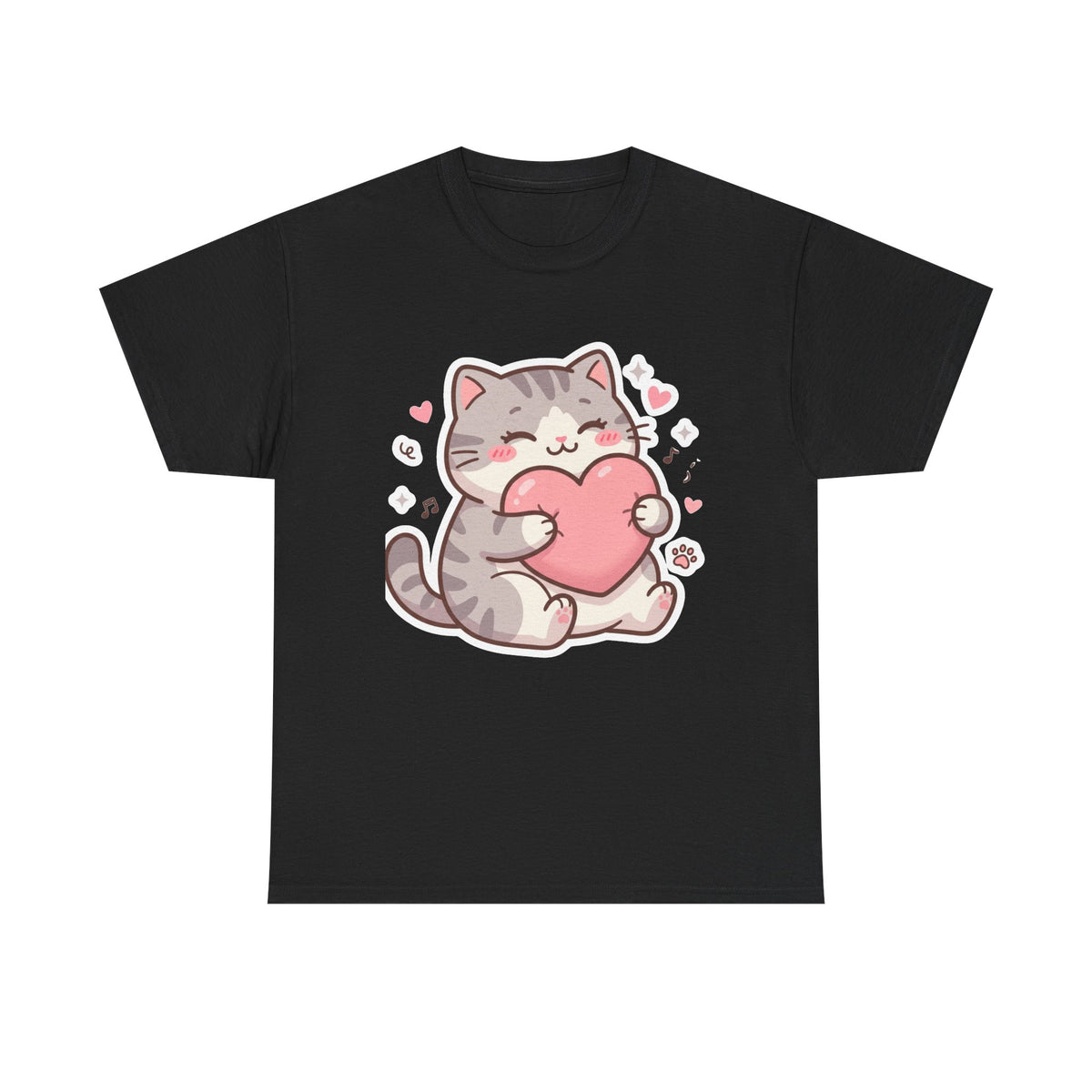 Cute Cat Hugging Heart T-Shirt — Kawaii Valentine Kitty Tee