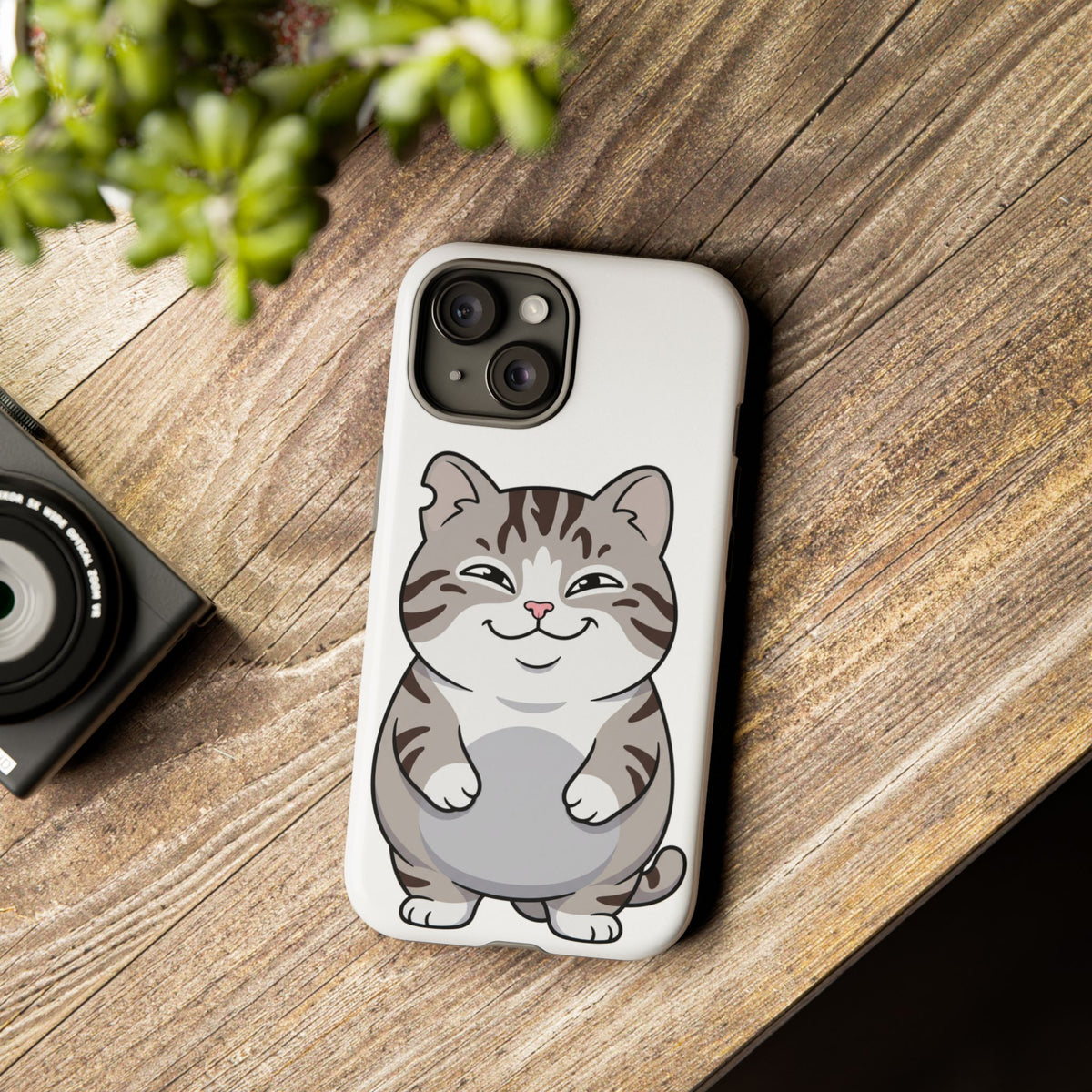 Cute Chubby Cat Phone Case — Protective Tough Case with Smiling Tabby Design
