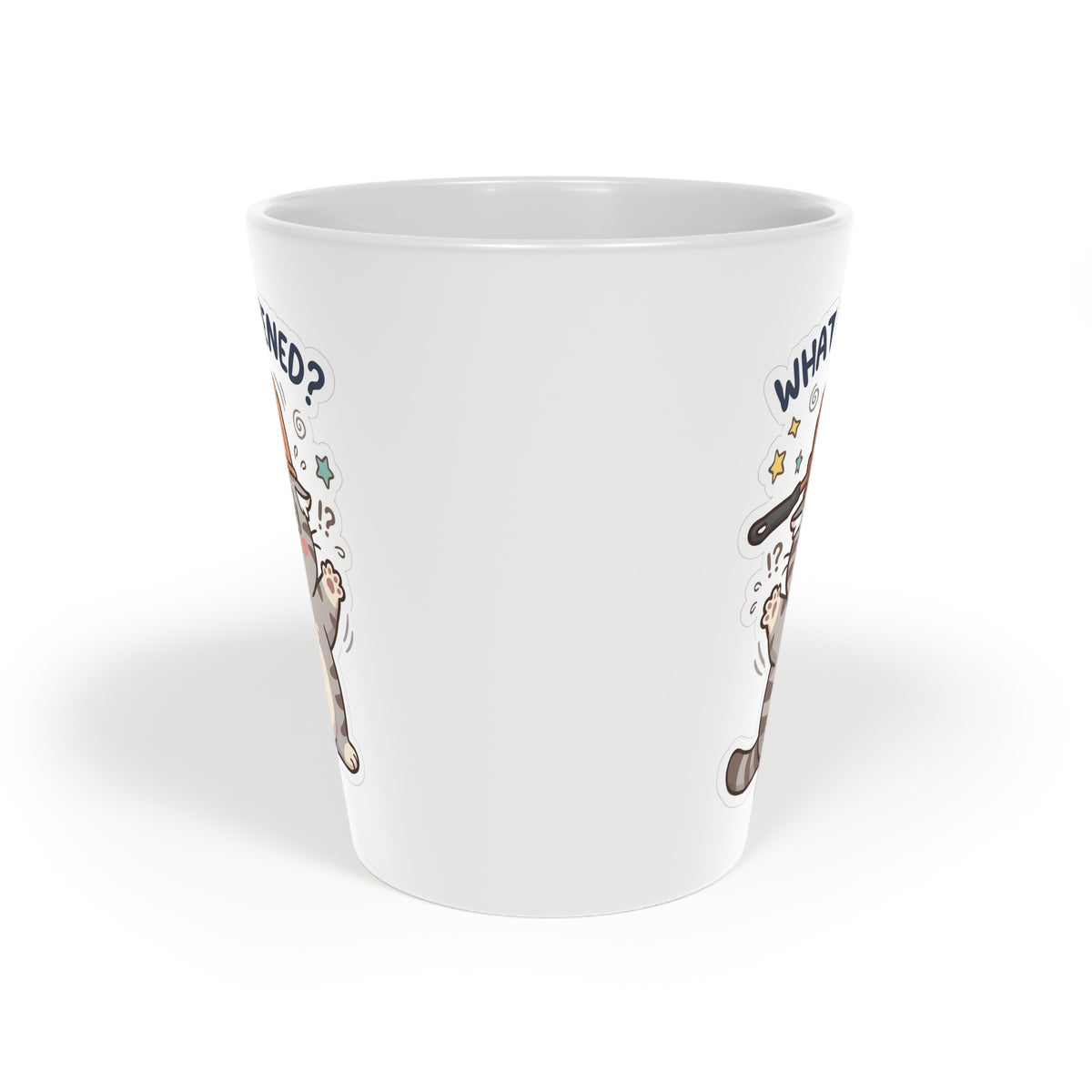 Latte Mug — Cute Cat 'What Happened?' Coffee Cup, 12oz