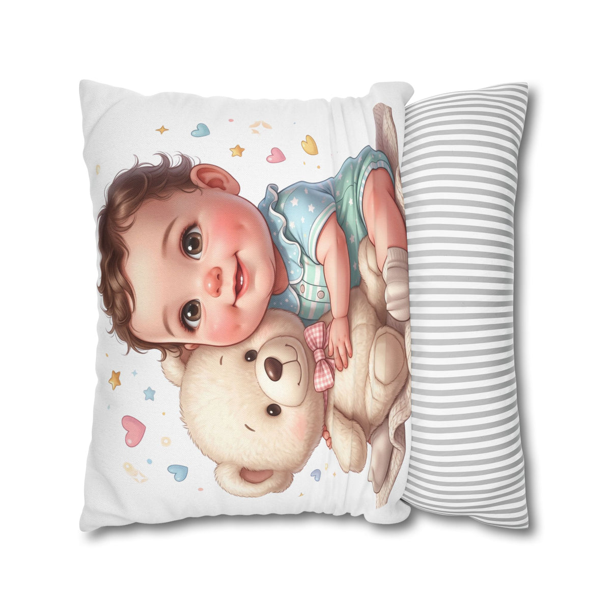 Baby & Teddy Square Pillowcase - Cute Infant Nursery Decorative Throw Pillow