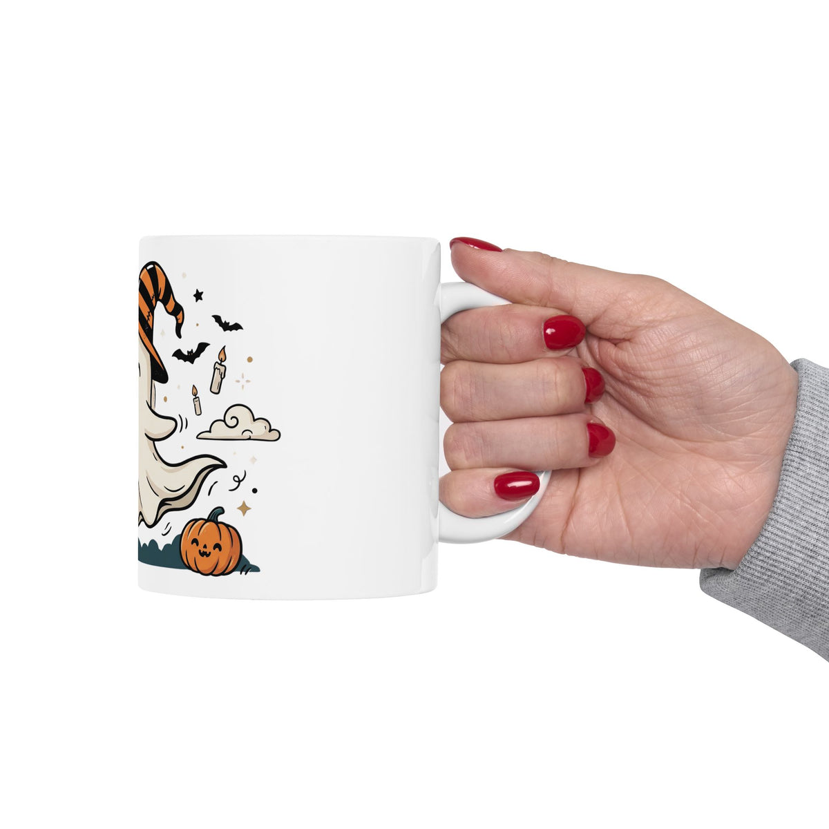Halloween Ghost Ceramic Mug — Cute Ghost with Witch Hat, Pumpkins & Cats (11oz/15oz)