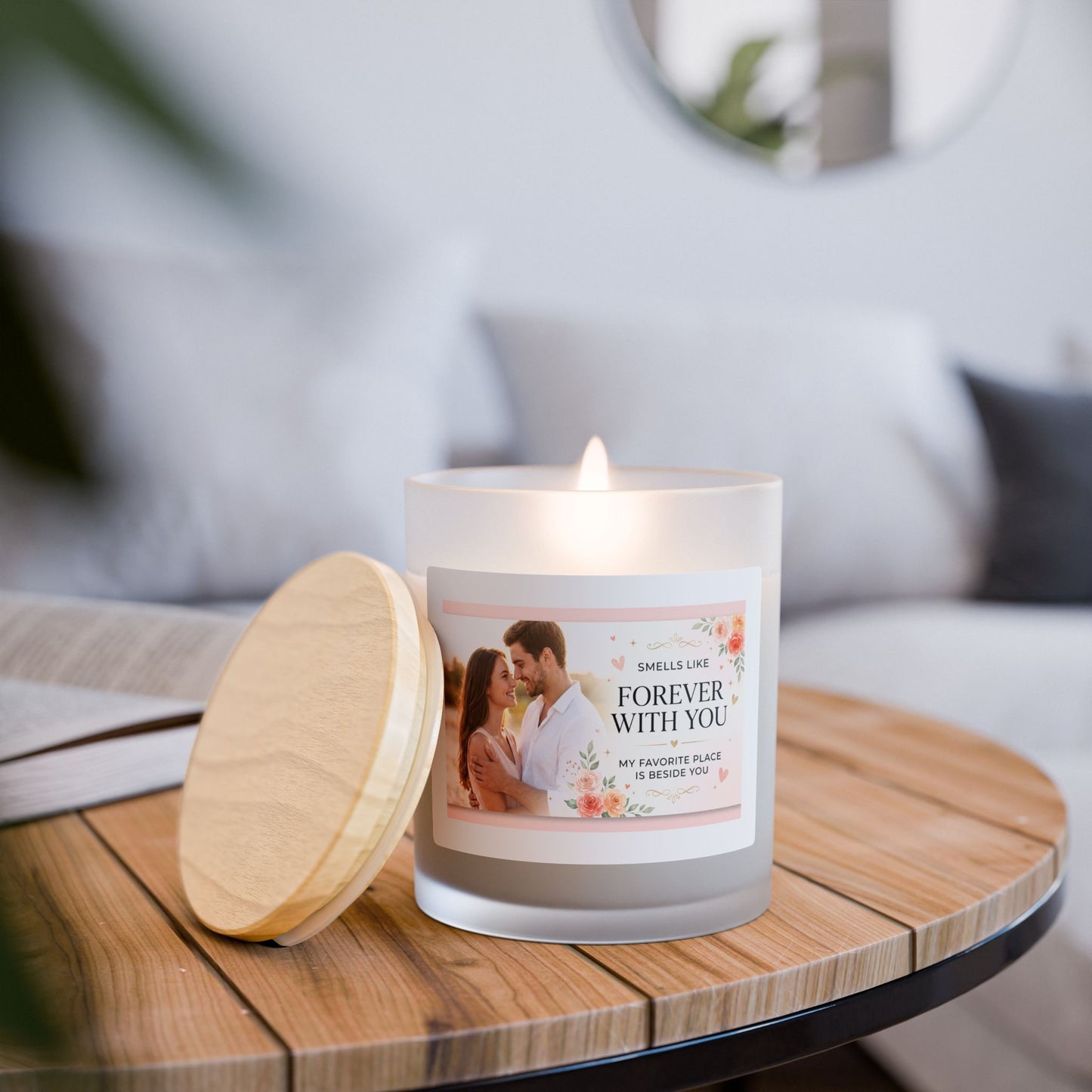 Romantic Photo Frosted Glass Candle — "Smells Like Forever With You" Personalized 11oz