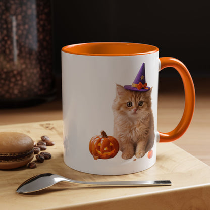 Halloween Cat Coffee Mug with Witch Hat and Pumpkin