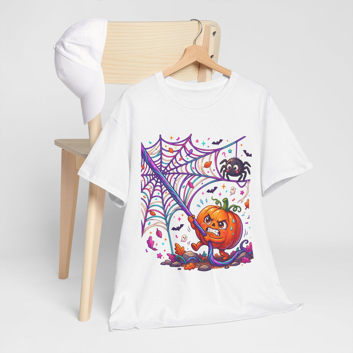 Pumpkin Spider Web Halloween T‑Shirt — Cute Spooky Pumpkin Cartoon Tee