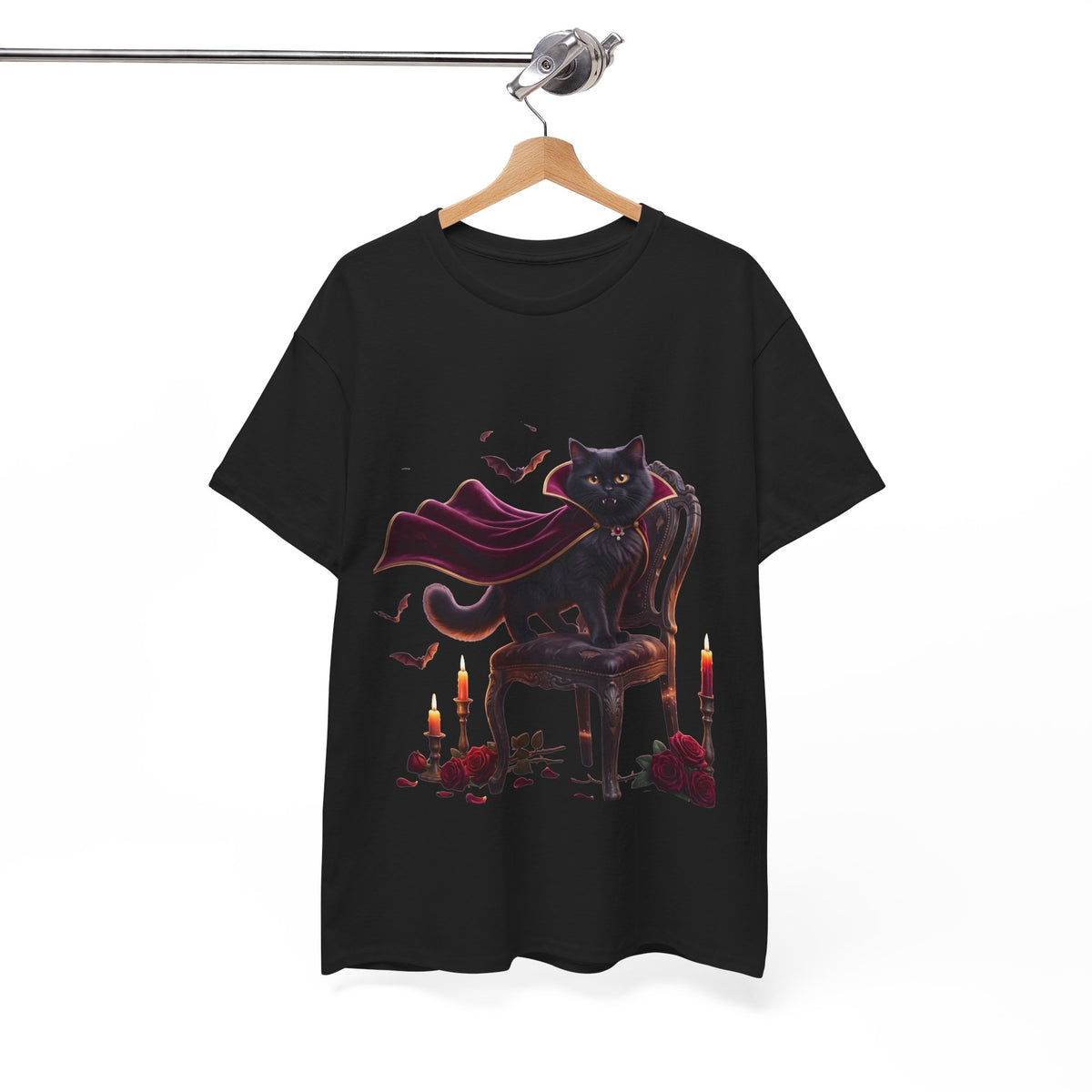 Vampire Cat Tee — Gothic Black Cat with Cape & Candles T-Shirt