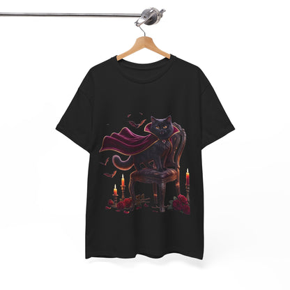 Vampire Cat Tee — Gothic Black Cat with Cape & Candles T-Shirt
