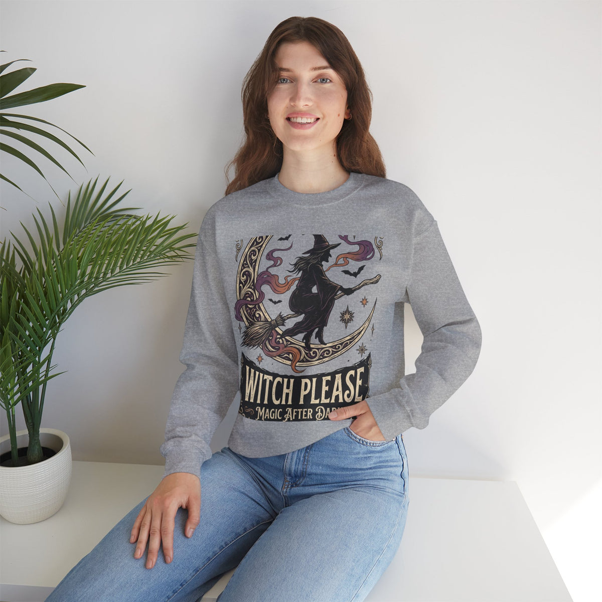 Witch Please Crewneck Sweatshirt — 'Magic After Dark' Witch Silhouette on Crescent Moon