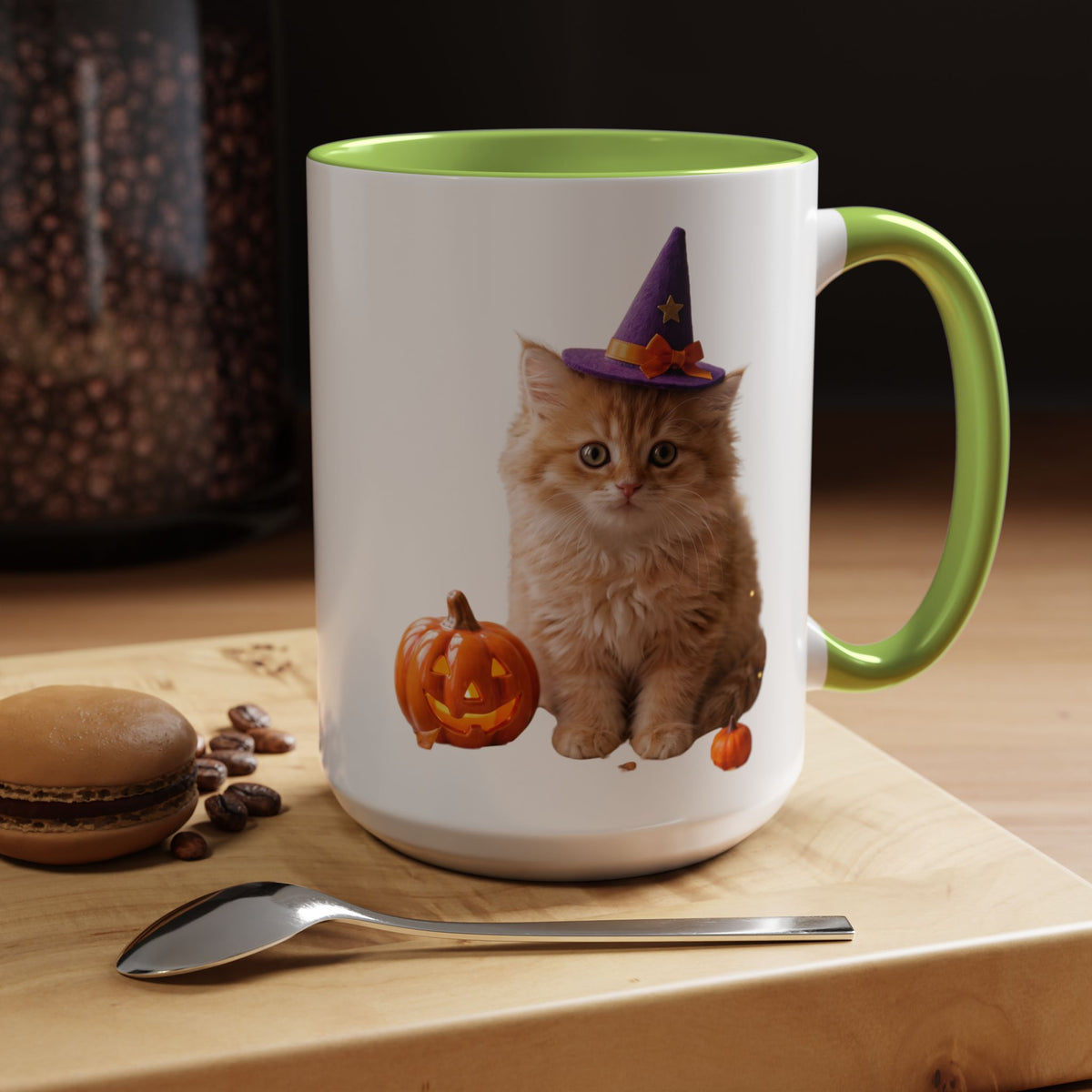 Halloween Cat Coffee Mug with Witch Hat and Pumpkin