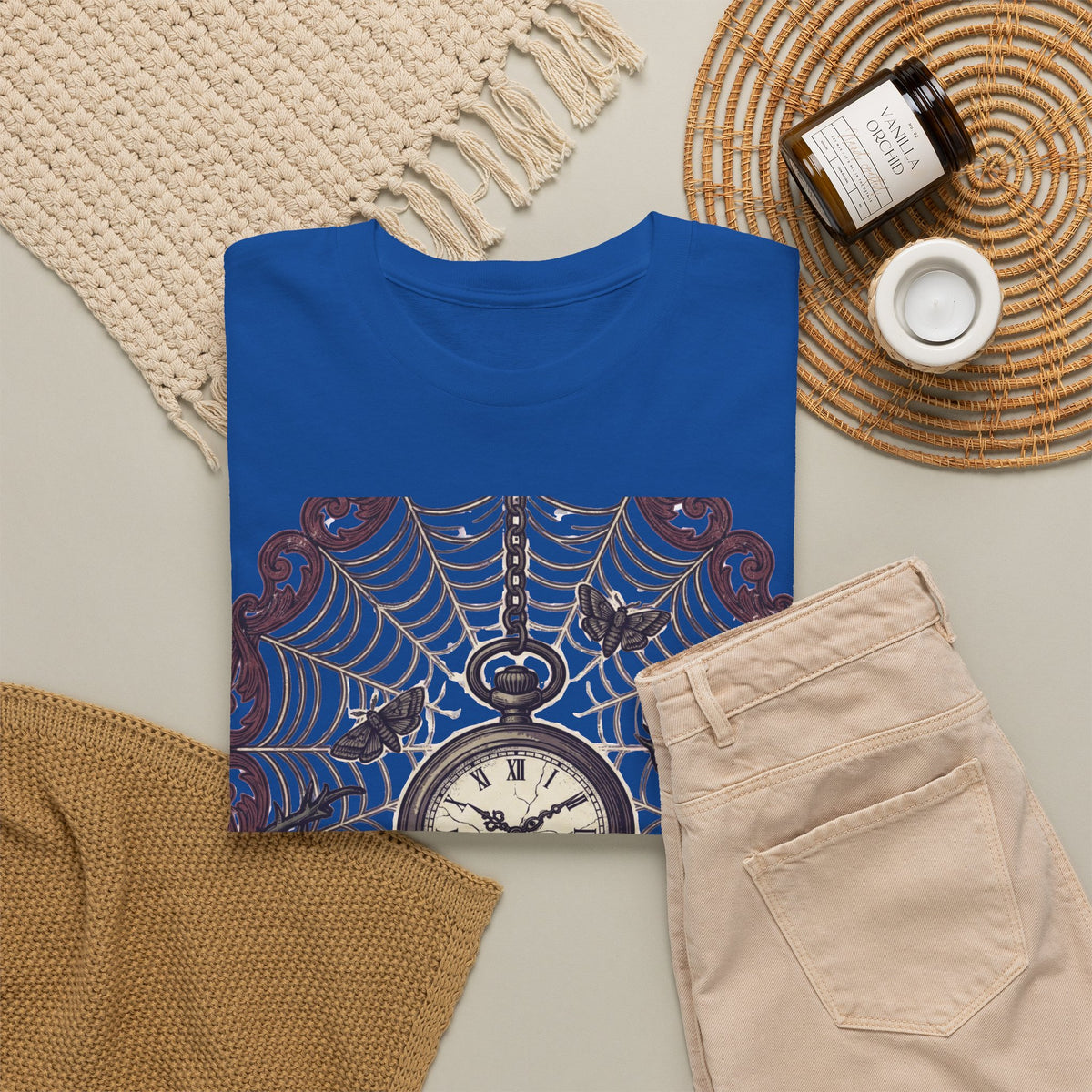Caught in the Night Pocket Watch Tee — Gothic Spiderweb Vintage Clock T‑Shirt