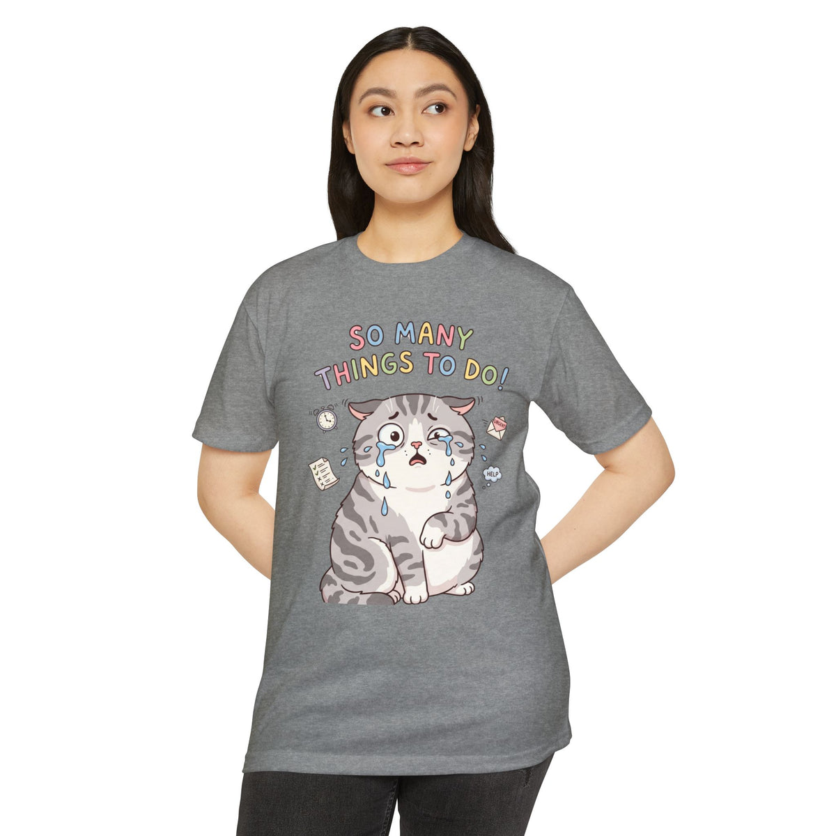 So Many Things To Do! Cat T-Shirt – Cute Overwhelmed Cat Graphic Tee