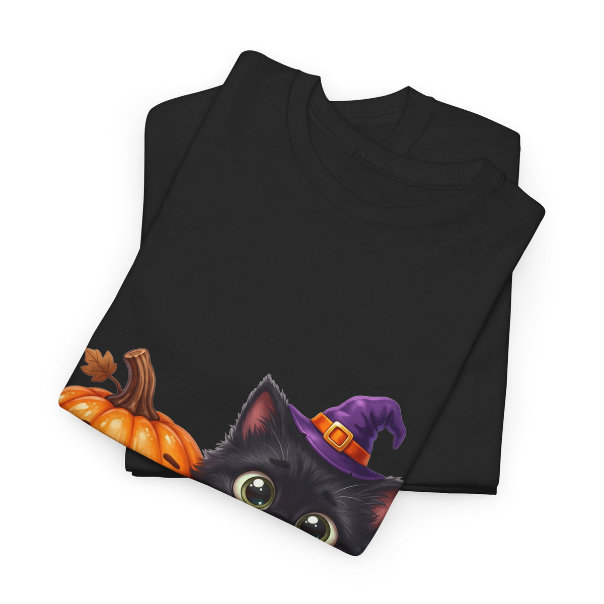 Halloween Black Cat & Pumpkin T‑Shirt — Cute Witch Hat Kitty Fall Tee