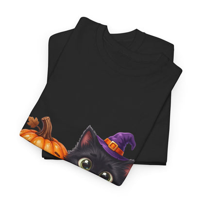 Halloween Black Cat & Pumpkin T‑Shirt — Cute Witch Hat Kitty Fall Tee