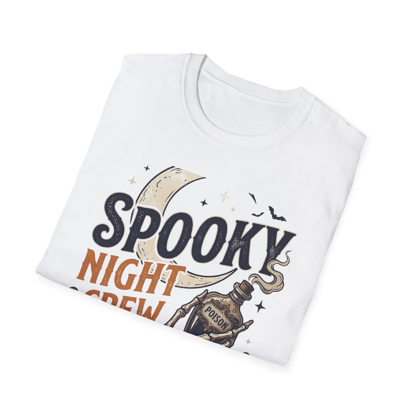 Spooky Night Crew T-Shirt — Halloween Moon, Skeleton & Pumpkins Tee