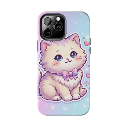 Cute Pastel Kawaii Kitten Tough Phone Case — Cute Cat with Bow Protective Cover