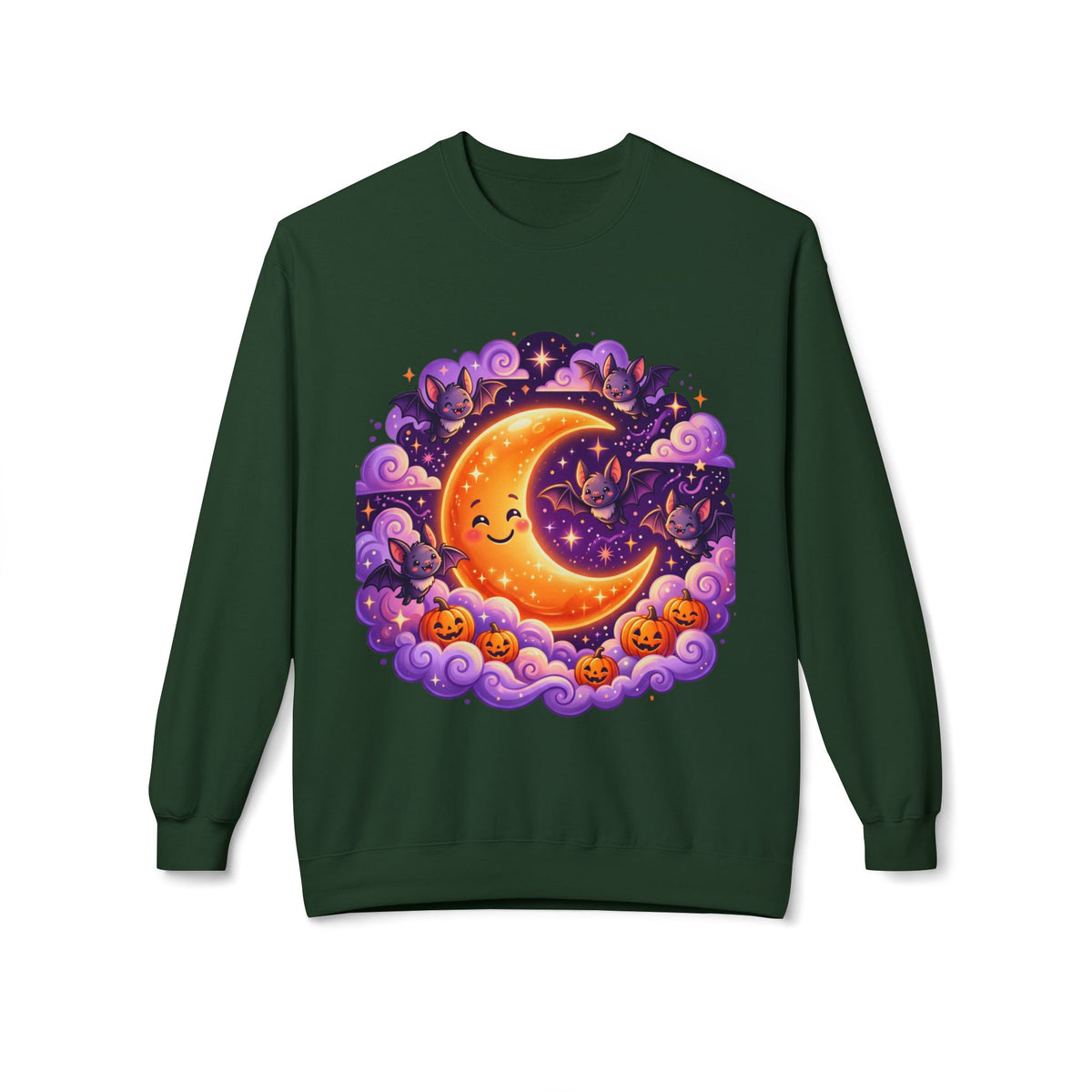 Halloween Moon Crewneck Sweatshirt — Cute Smiling Moon, Pumpkins & Bats Pullover