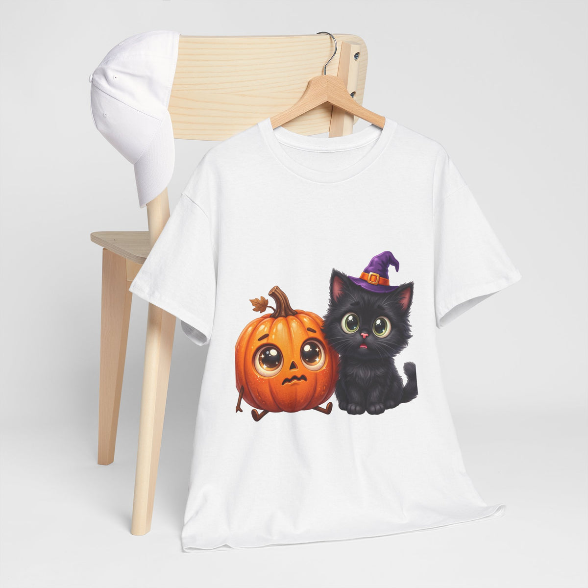 Halloween Black Cat & Pumpkin T‑Shirt — Cute Witch Hat Kitty Fall Tee