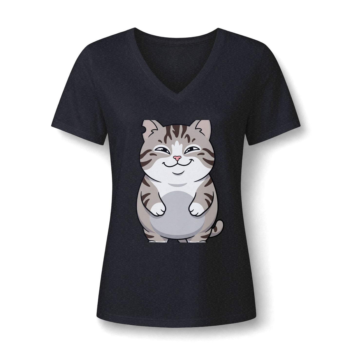 Cute Chubby Cat V-Neck Tee — Women's Cat Lover Shirt
