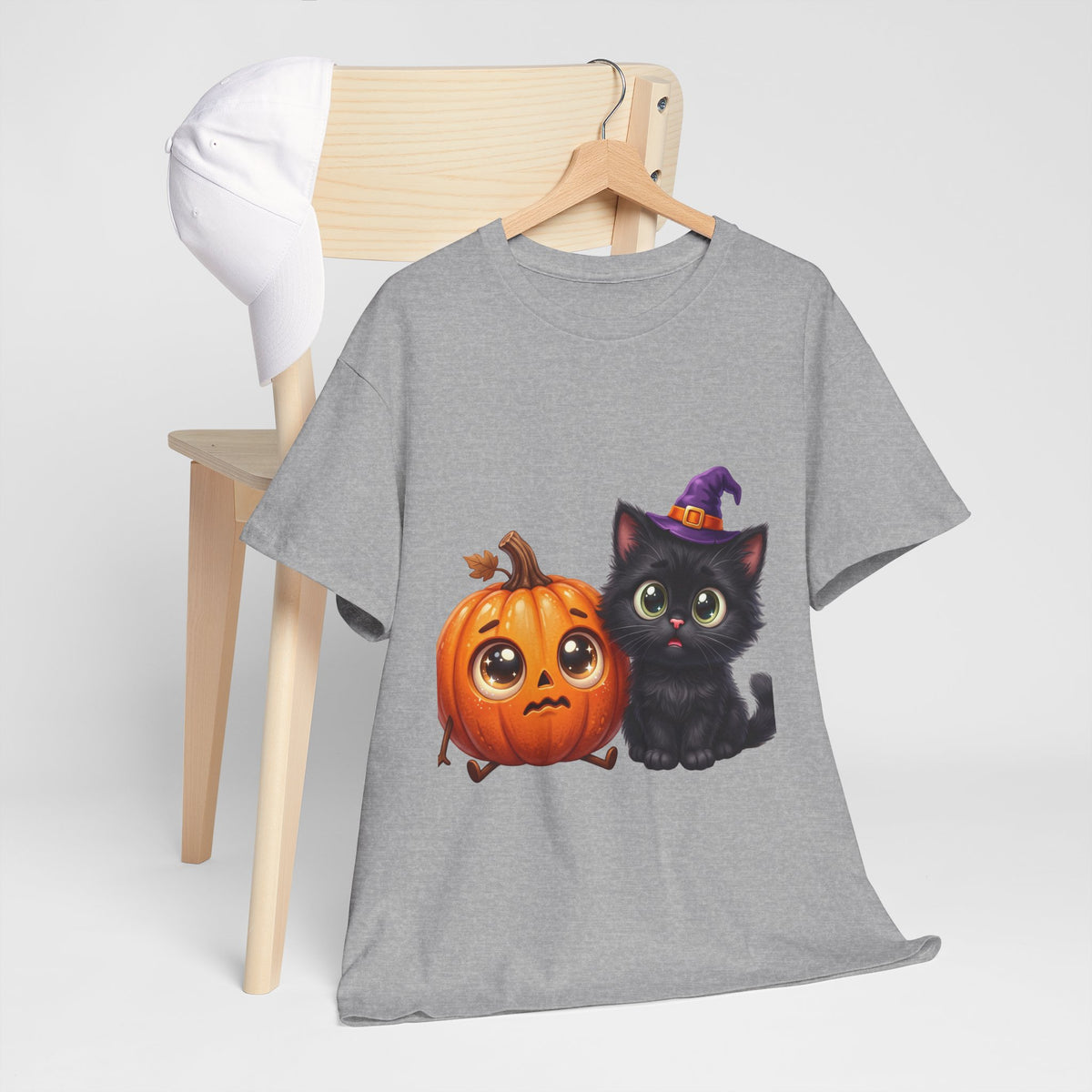 Halloween Black Cat & Pumpkin T‑Shirt — Cute Witch Hat Kitty Fall Tee