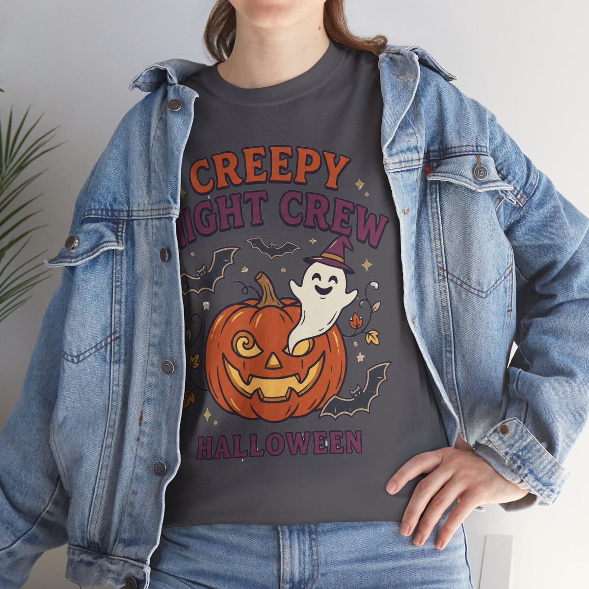 Creepy Night Crew Halloween T‑Shirt — Pumpkin & Ghost Graphic Tee