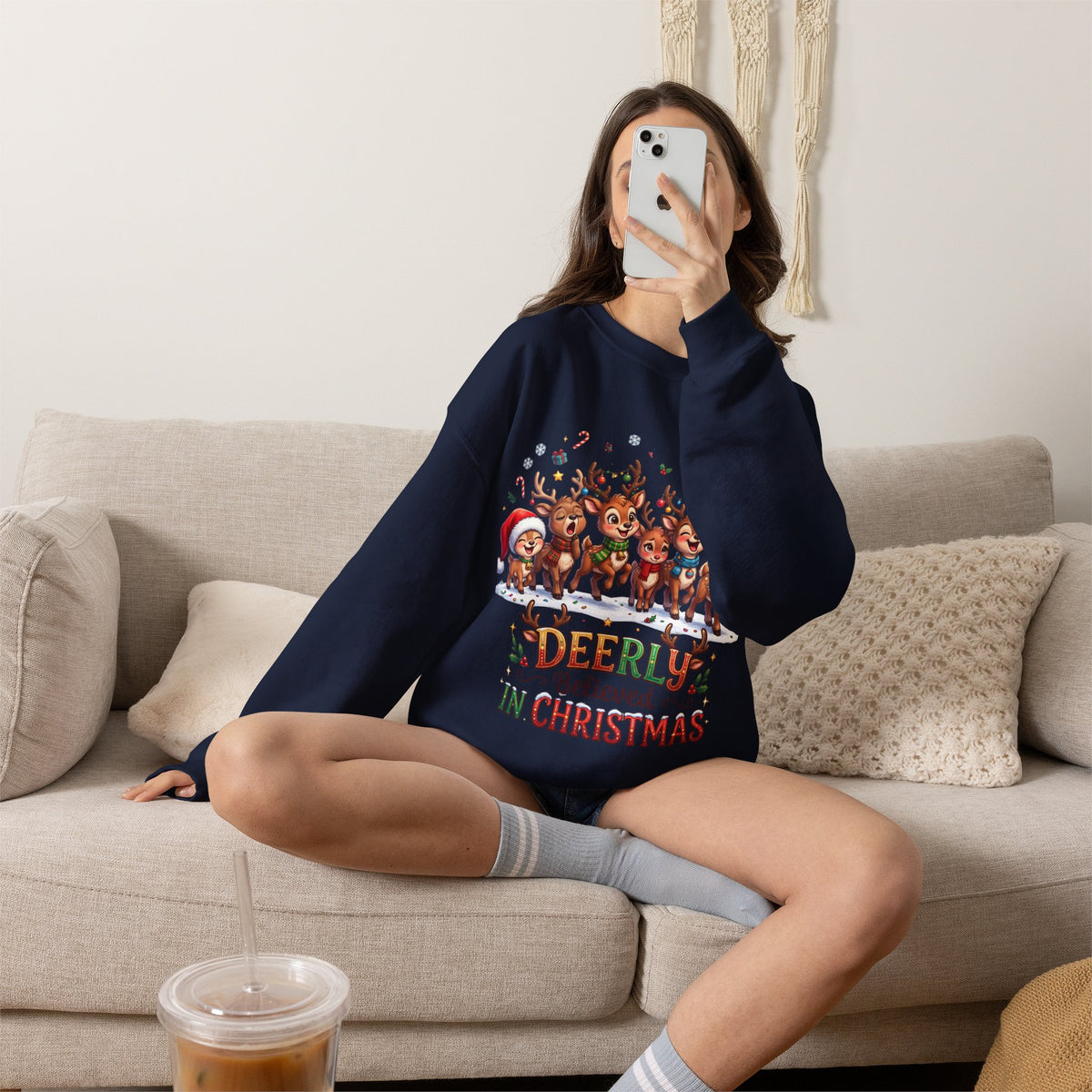 Christmas Reindeer Crewneck Sweatshirt — "Deerly Believed in Christmas" Holiday Pullover