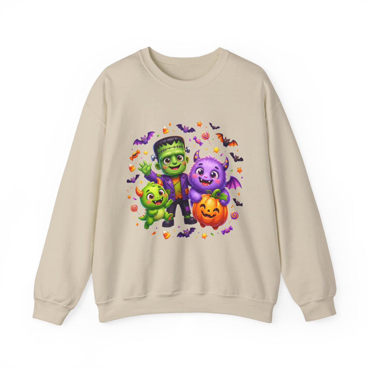 Halloween Monster Crewneck Sweatshirt — Cute Frankenstein, Vampire & Pumpkin Design