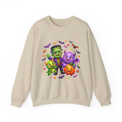 Halloween Monster Crewneck Sweatshirt — Cute Frankenstein, Vampire & Pumpkin Design