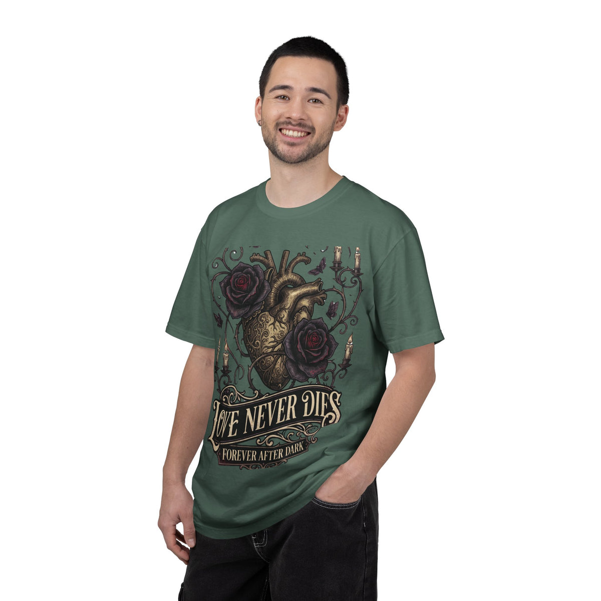 Love Never Dies Heart T-Shirt — Gothic Rose "Forever After Dark" Tee