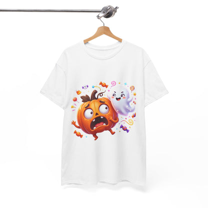 Cute Halloween Pumpkin & Ghost Tee — Scared Pumpkin Candy Graphic T-Shirt