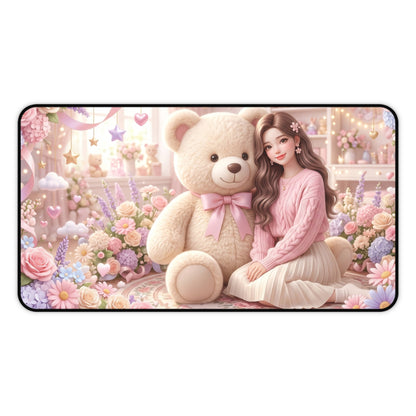 Cute Teddy Bear Desk Mat — Pastel Floral Girl Mousepad