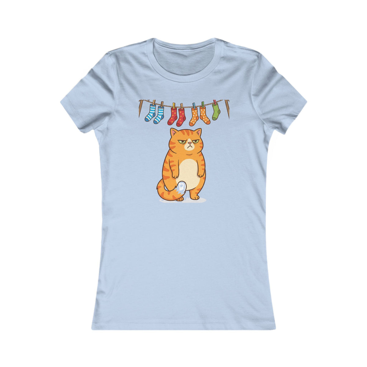 Women's Tee — Cute Grumpy Orange Cat with Hanging Socks Graphic
