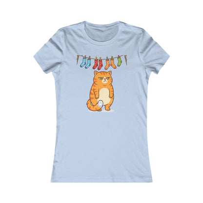 Women's Tee — Cute Grumpy Orange Cat with Hanging Socks Graphic