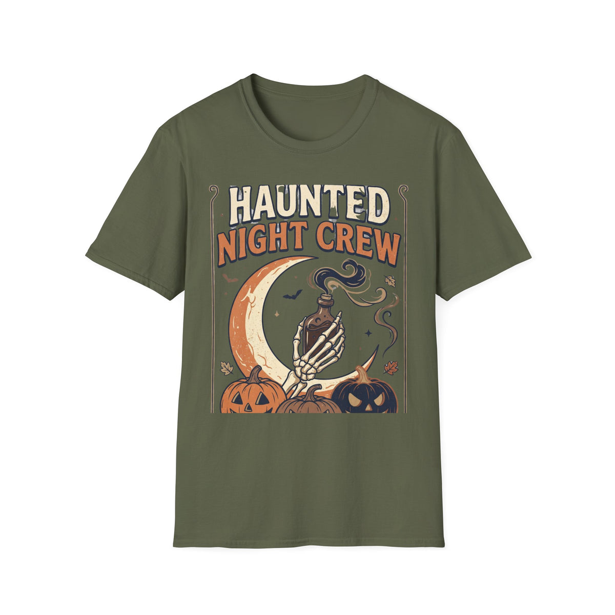 Haunted Night Crew T-Shirt — Retro Halloween Skeleton & Pumpkin Tee