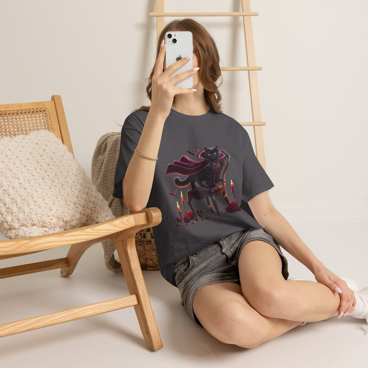 Vampire Cat Tee — Gothic Black Cat with Cape & Candles T-Shirt