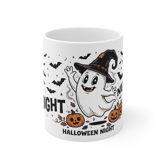 Halloween Night Ghost Mug — Cute Haunted Pumpkin Coffee Cup (11 oz)