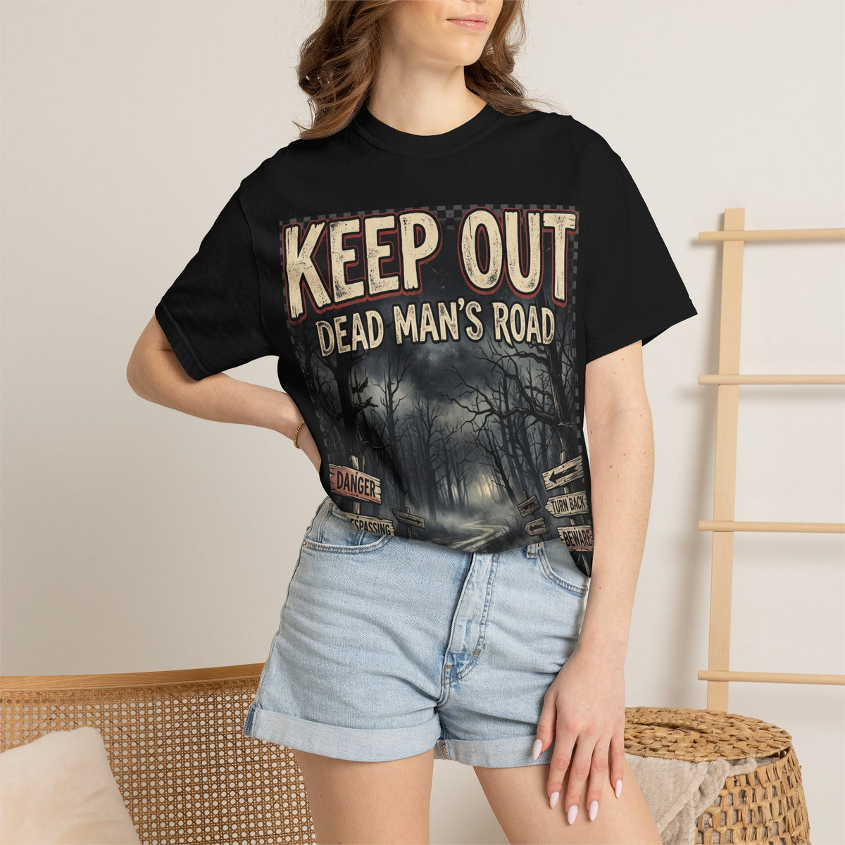 Keep Out "Dead Man's Road" T-Shirt — Spooky Haunted Forest Graphic Tee
