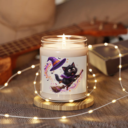 Halloween Witch Cat Soy Candle — 9oz Scented Jar (Cute Black Cat on Broom)