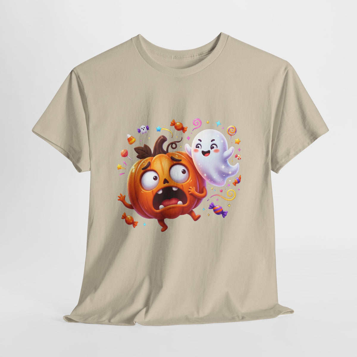Cute Halloween Pumpkin & Ghost Tee — Scared Pumpkin Candy Graphic T-Shirt