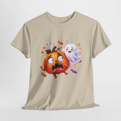 Cute Halloween Pumpkin & Ghost Tee — Scared Pumpkin Candy Graphic T-Shirt