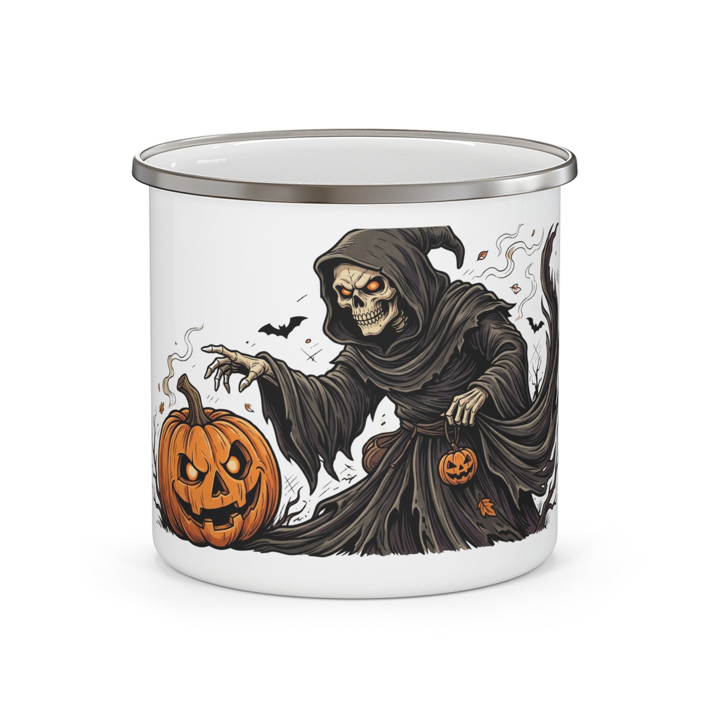 Halloween Grim Reaper Enamel Camping Mug – Spooky Pumpkin Skull Design