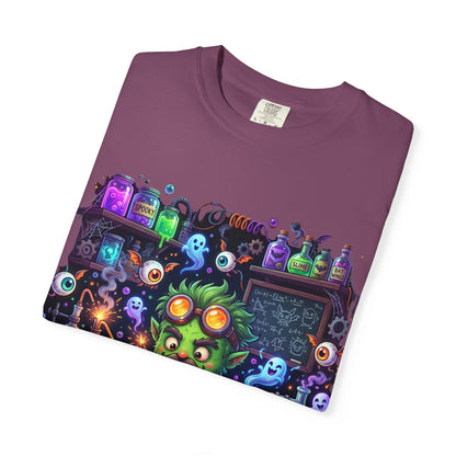 Mad Scientist Cat Lab T-Shirt — Neon Potion Halloween Tee